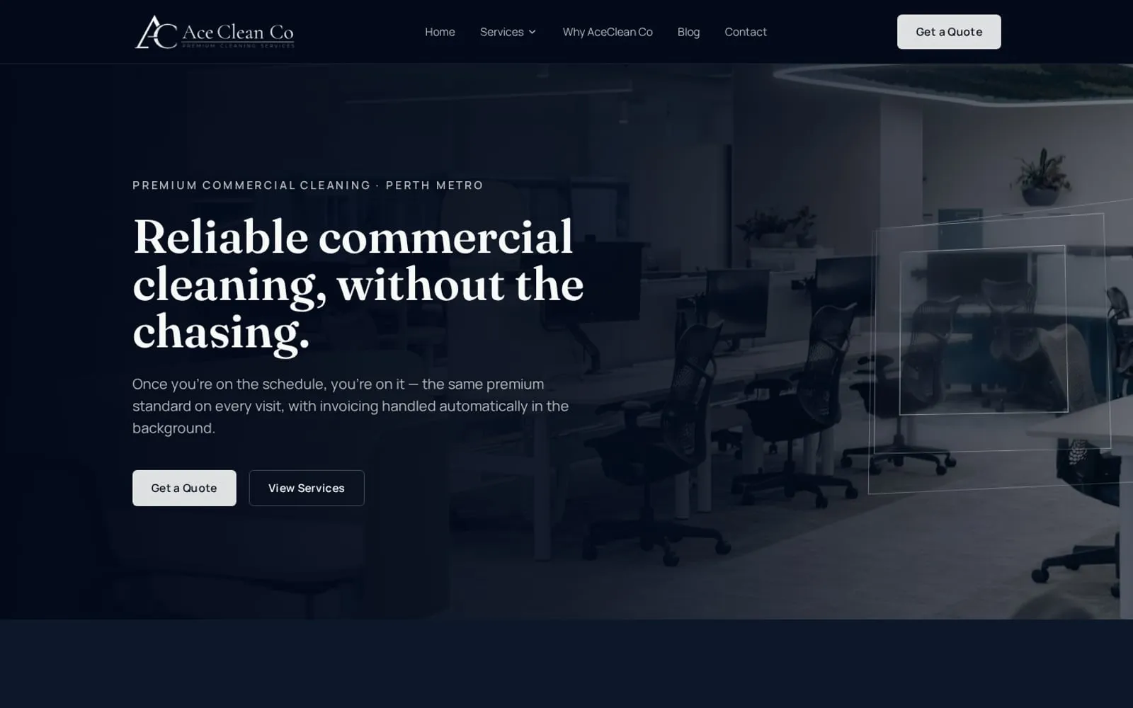 AceClean Co homepage for commercial cleaning in Perth with get a quote and view services buttons