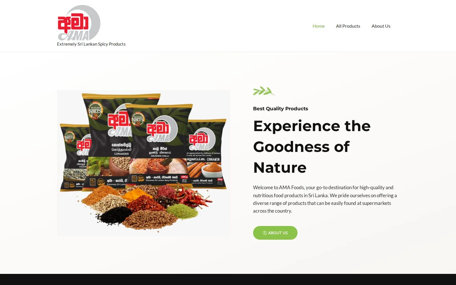 AMA Foods homepage showing packaged Sri Lankan spices beside an introduction to the company and its product range