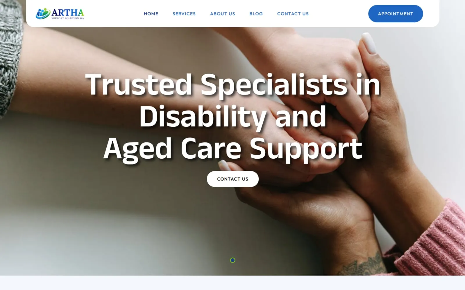 Artha Support Solution WA homepage for disability and aged care support with an appointment button
