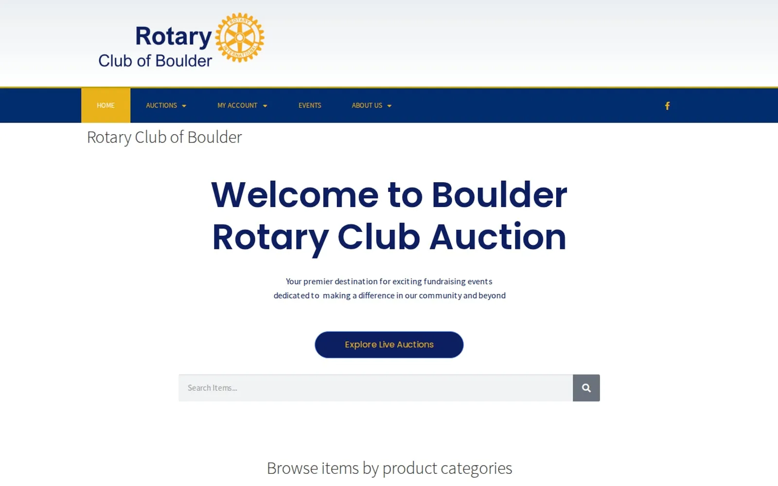 Boulder Rotary Club auction homepage inviting visitors to explore live fundraising auctions