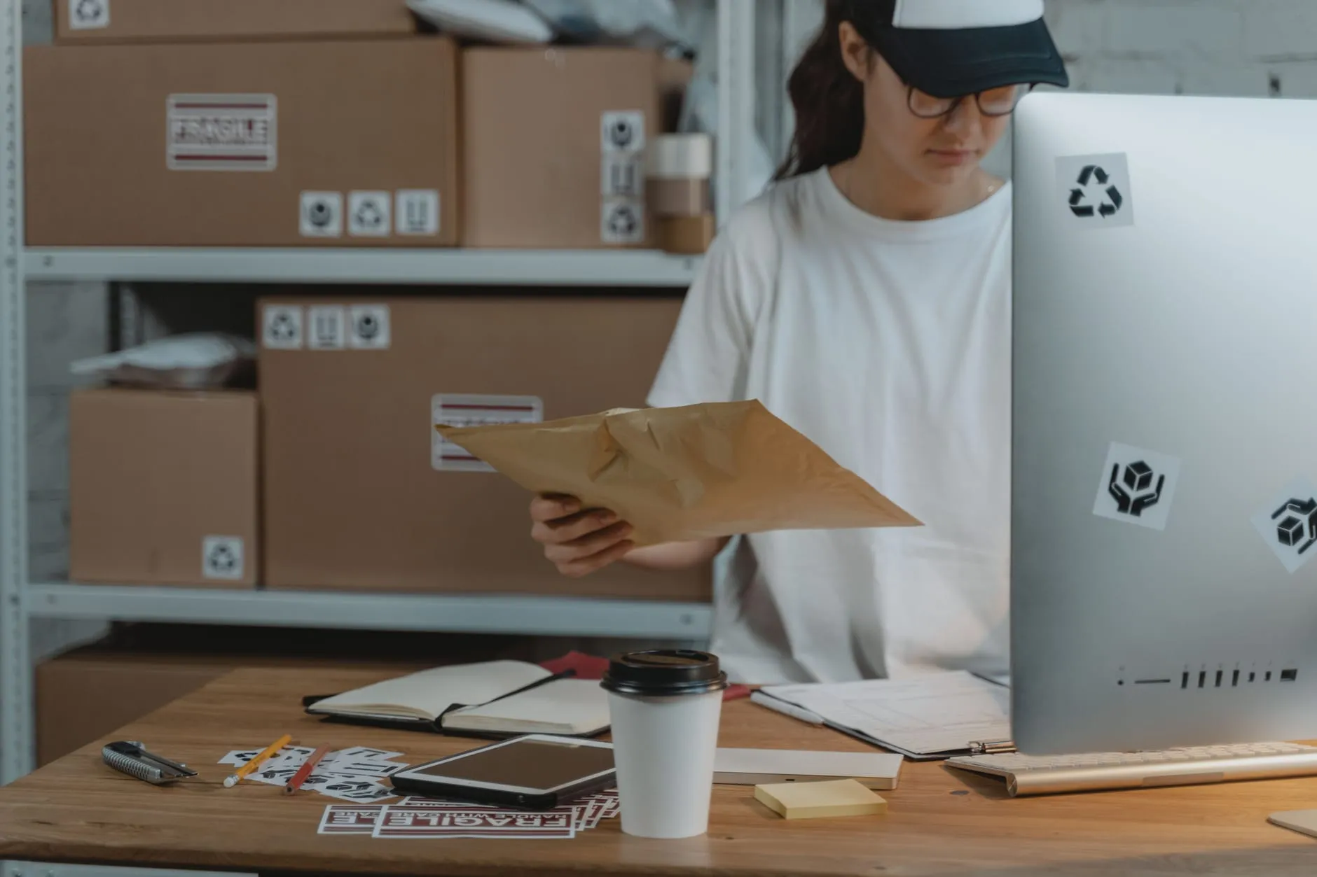A small business owner preparing parcels for shipping, representing an e-commerce website in Perth