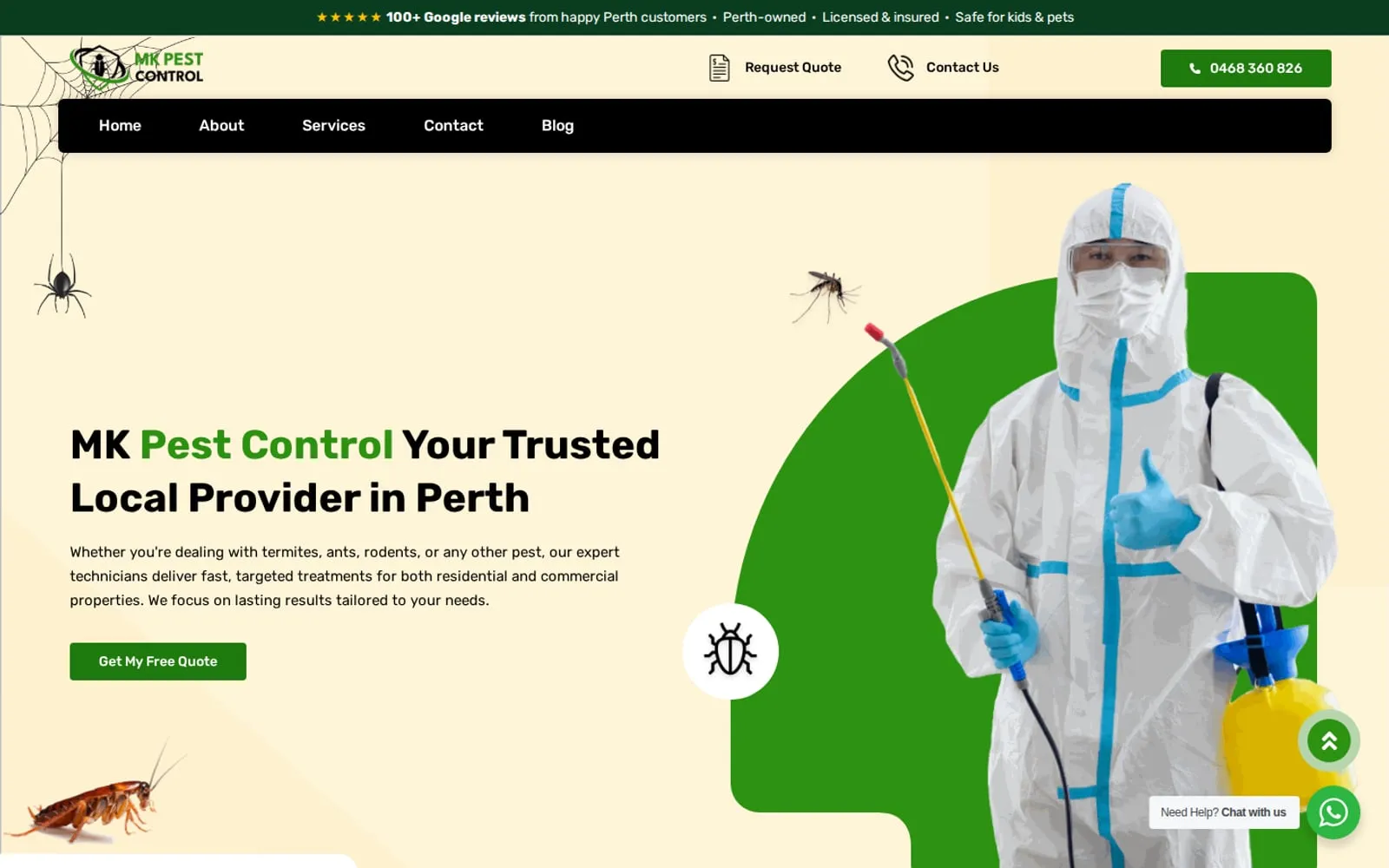 MK Pest Control homepage with a quote request call to action for Perth pest control