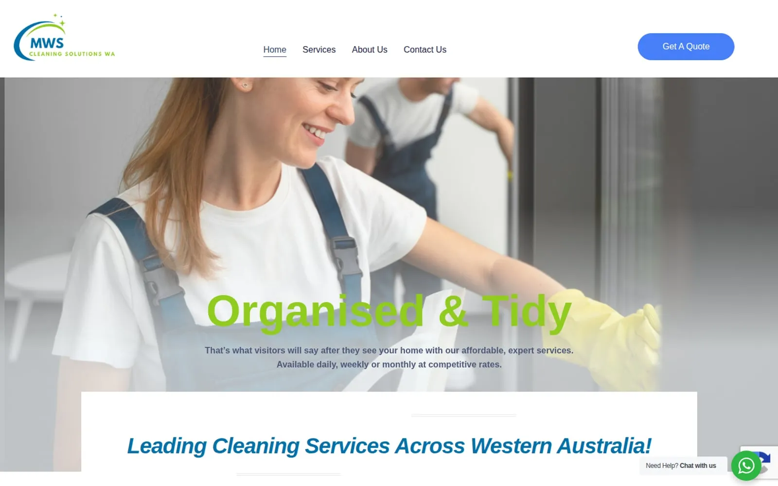 MWS Property Services homepage for cleaning services across Western Australia with a get a quote button