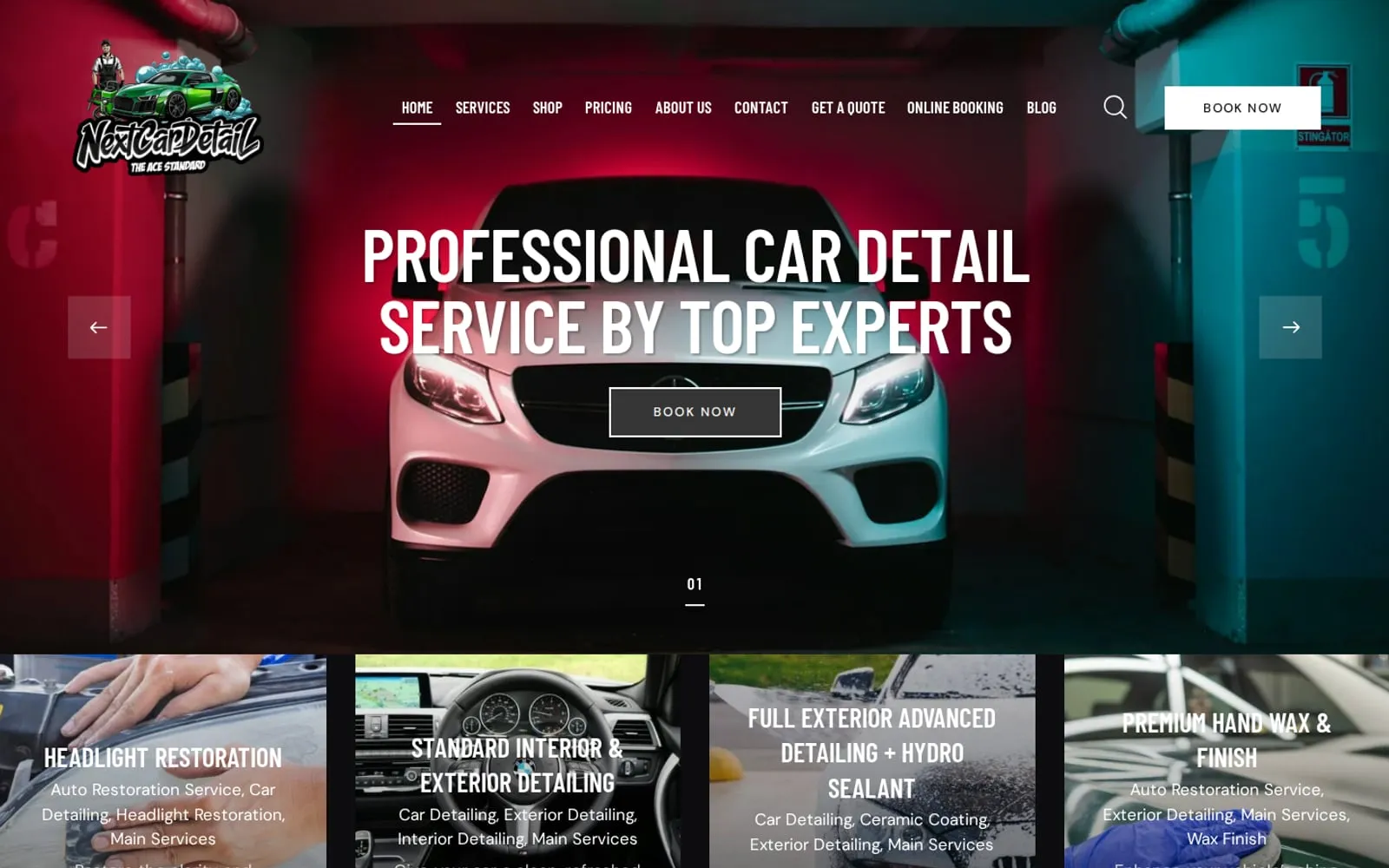 Next Car Detail homepage, a car detailing business with a booking call to action and featured detailing services