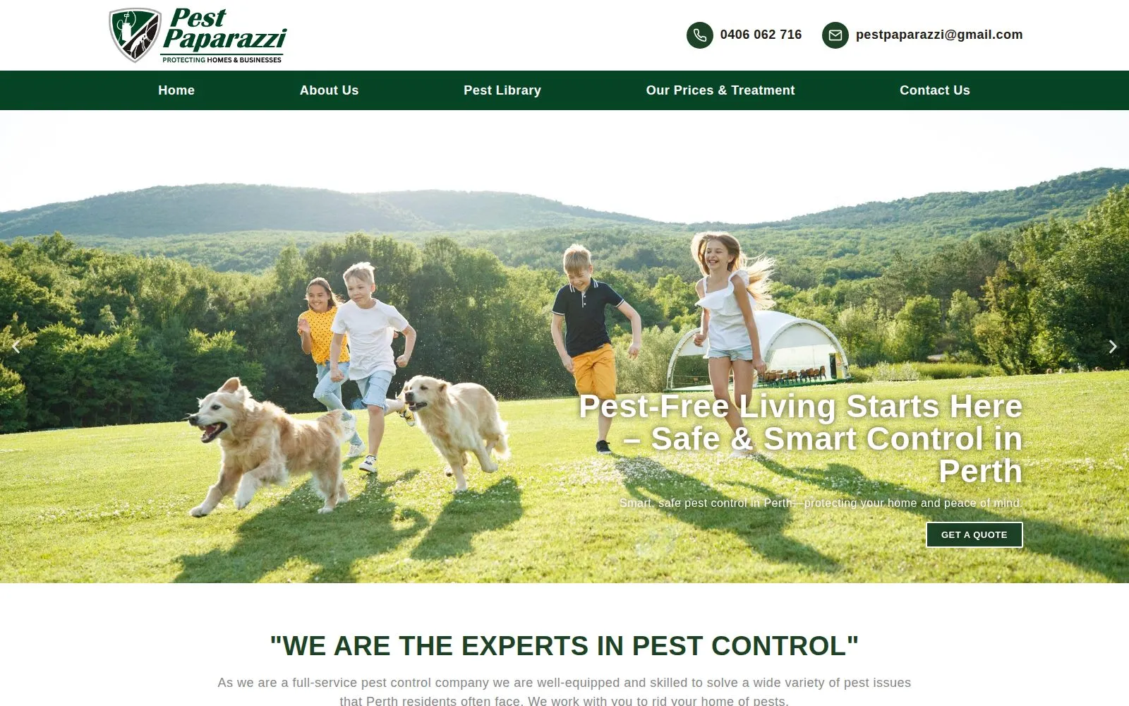 Pest Paparazzi homepage showing children and dogs on a lawn beneath a pest control heading, with a get a quote button