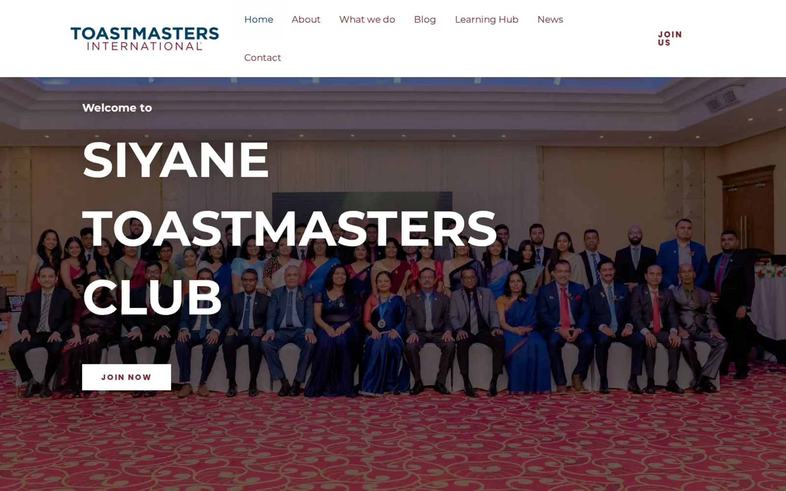 Siyane Toastmasters Club homepage with a group photo of members and a join now button