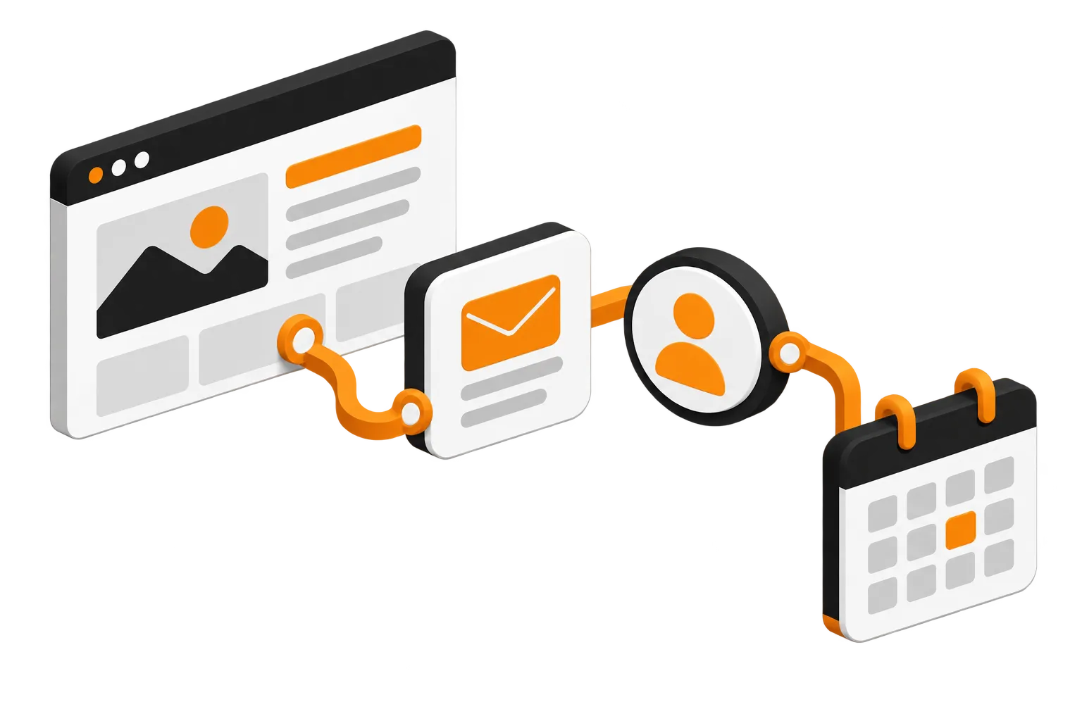 Editorial illustration of a website connected by a single orange pathway to an enquiry message, a customer record and a booking calendar, representing WiTEDS' connected website and business systems