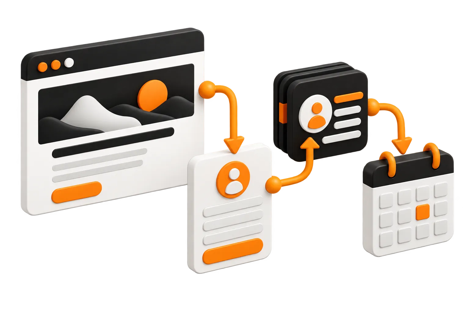Isometric illustration of a website connected to an enquiry, a customer record and a booking calendar